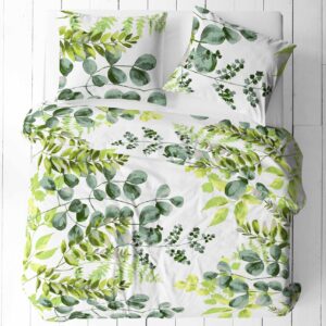 3 részes pamut ágynemű garnitúra - zöld leveles